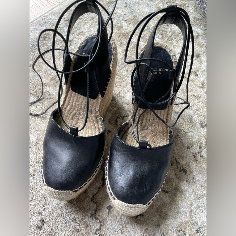 Saint Laurent Jute Wedges Black Nappa Leather Ankle Wrap Gladiator 37.5 EUC - Picture 2 of 9